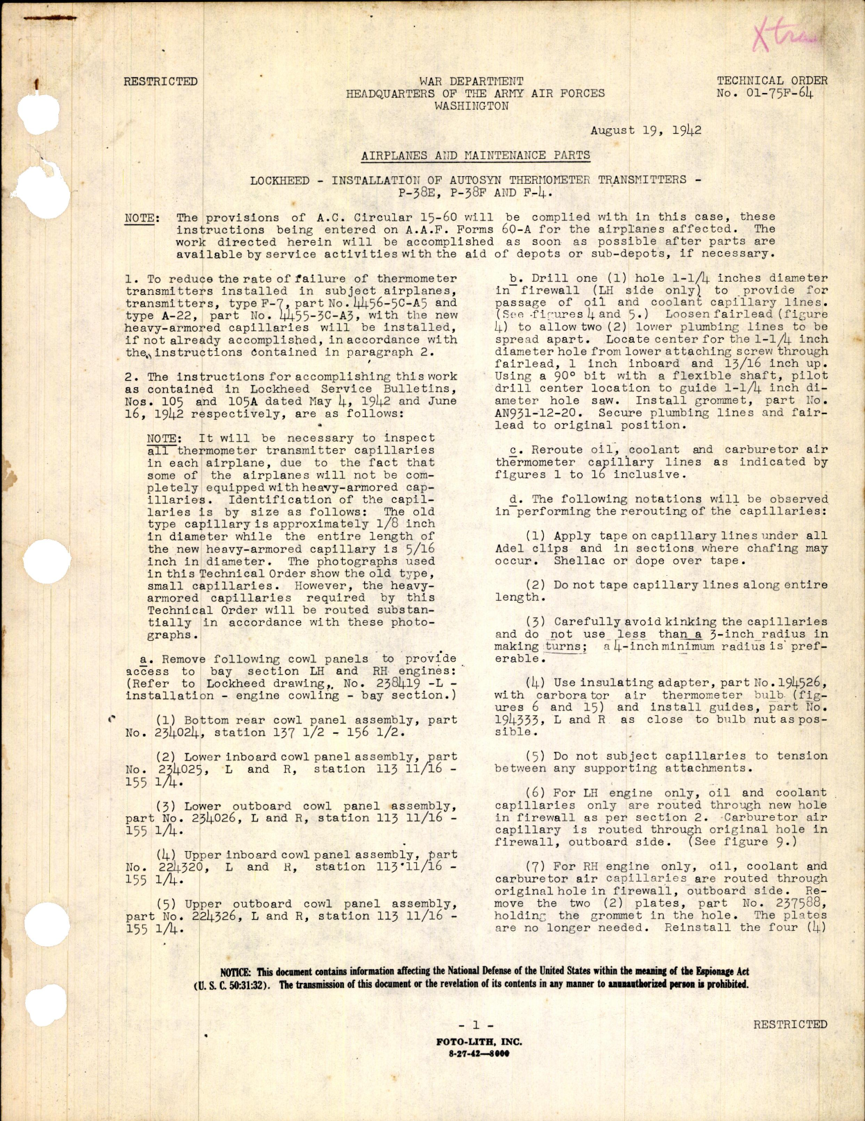 Sample page 1 from AirCorps Library document: Installation of Autosyn Thermometer Transmitters for P-38E, P-38F, and F-4