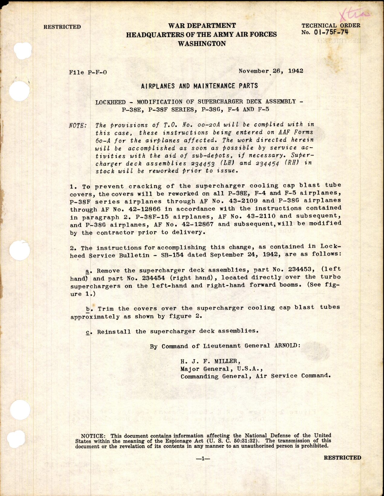 Sample page 1 from AirCorps Library document: Modification of Supercharger Deck Assembly for P-38E, P-38F Series, P-38G, F-4, and F-5