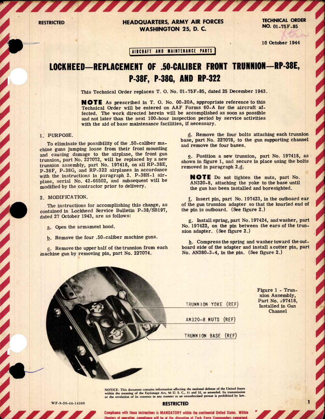 Sample page 1 from AirCorps Library document: Replacement of .50 Caliber Front Trunnion for RP-38E, P-38F, P-38G, and RP-322