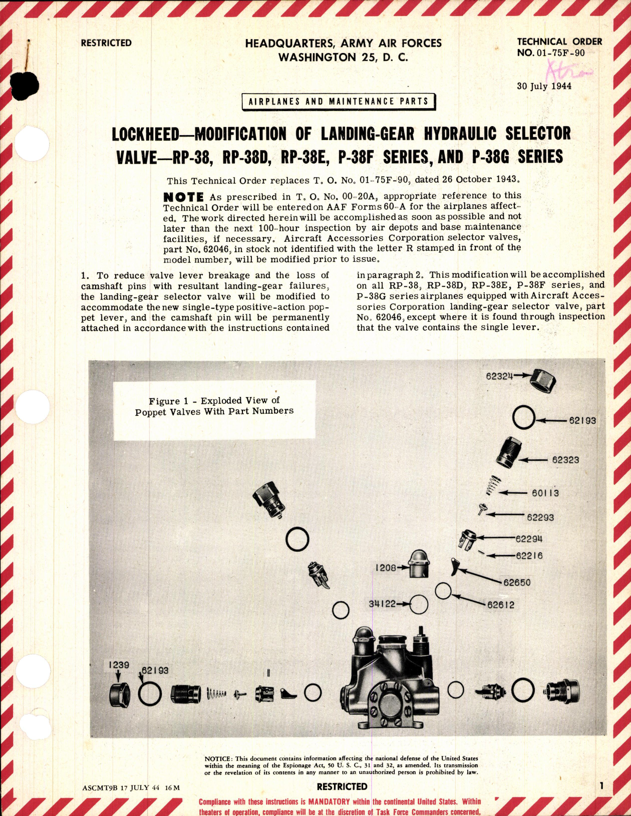 Sample page 1 from AirCorps Library document: Modification of Landing Gear Hydraulic Selector Valve for RP-38, RP-38D, RP-38E, P-38F, and P-38G Series