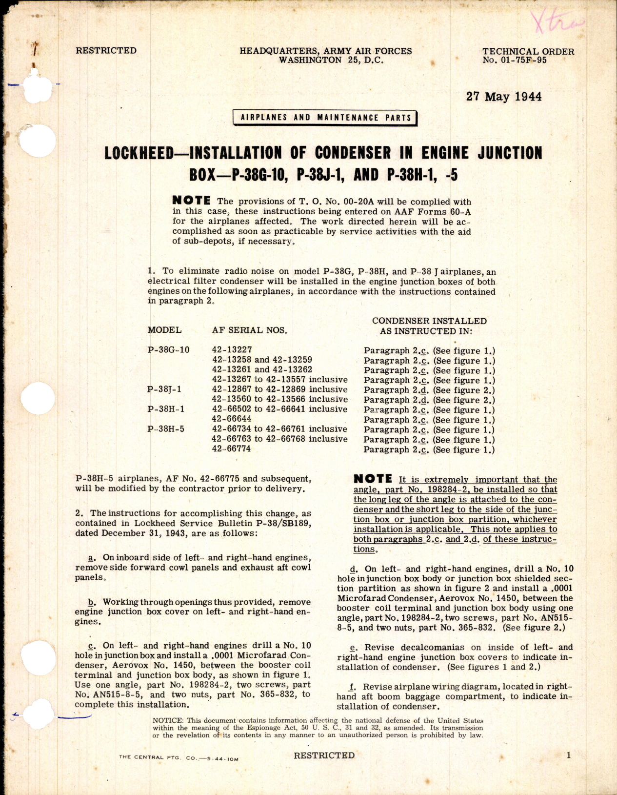 Sample page 1 from AirCorps Library document: Installation of Condenser in Engine Junction Box for P-38G-10, P-38J-1, P-38H-1, and H-5