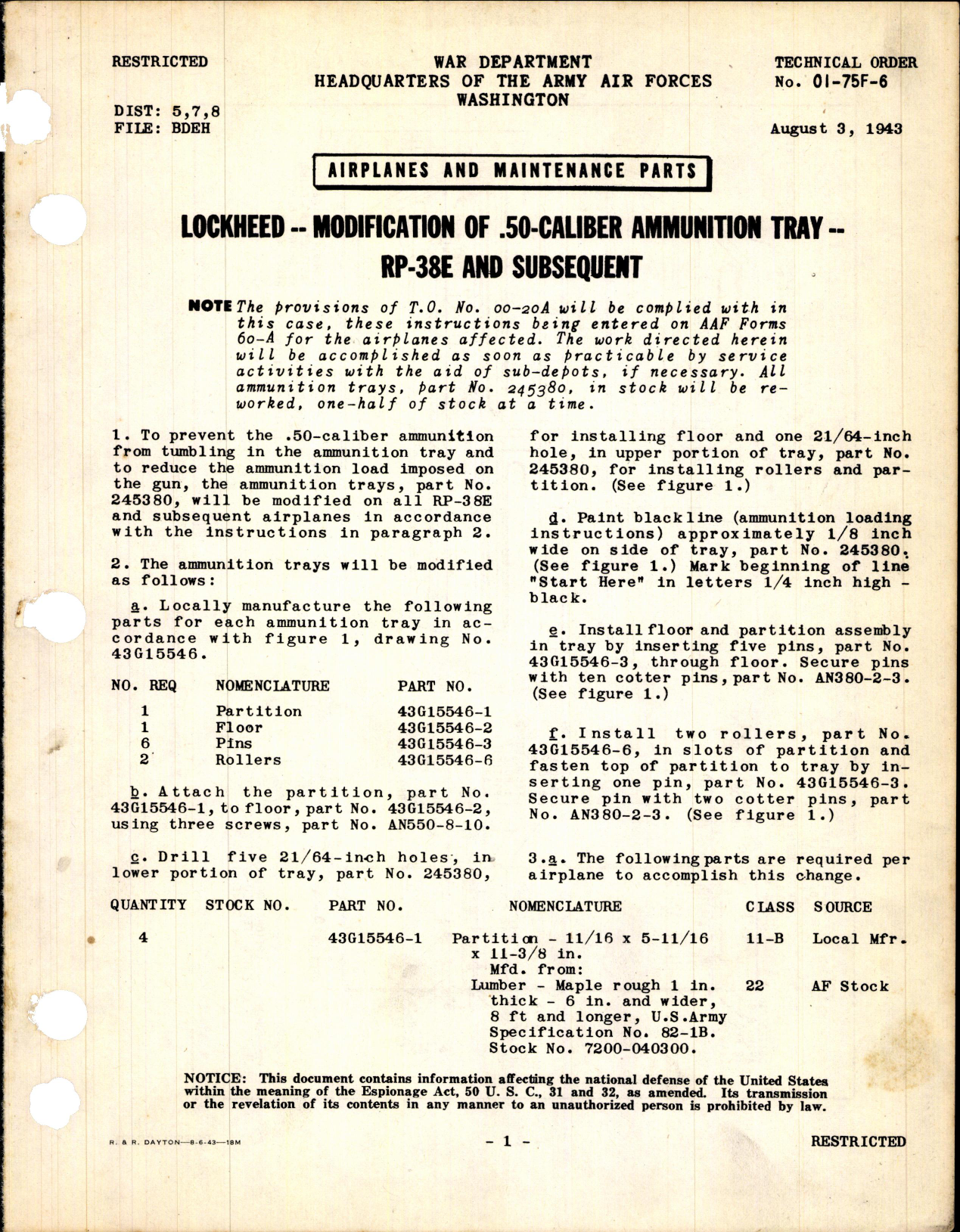 Sample page 1 from AirCorps Library document: Modification of .50 Caliber Ammunition Tray for RP-38E and Subsequent