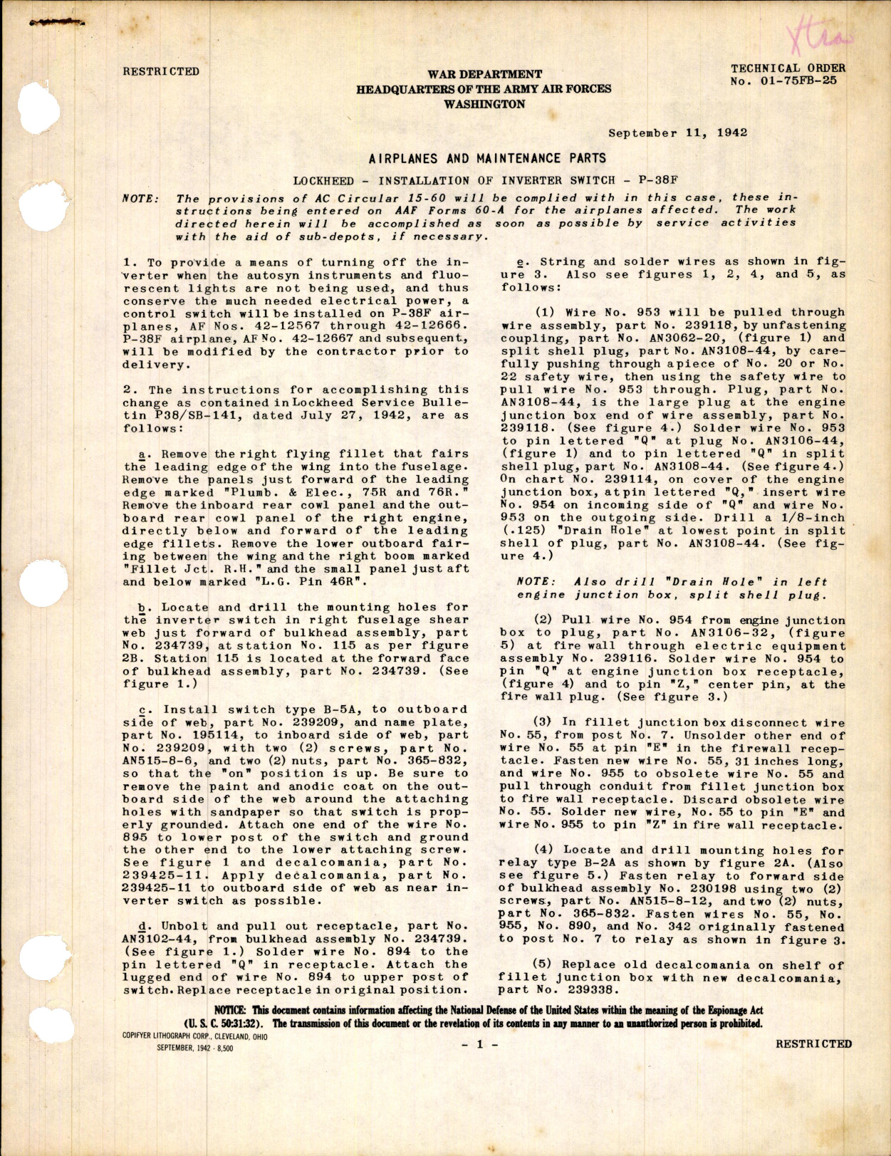 Sample page 1 from AirCorps Library document: Installation of Inverter Switch for P-38F