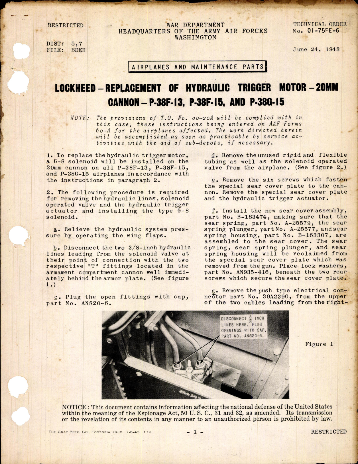 Sample page 1 from AirCorps Library document: Hydraulic Trigger Motor, 20MM Cannon, P-38F-13, P-38F-15, P-38G-15