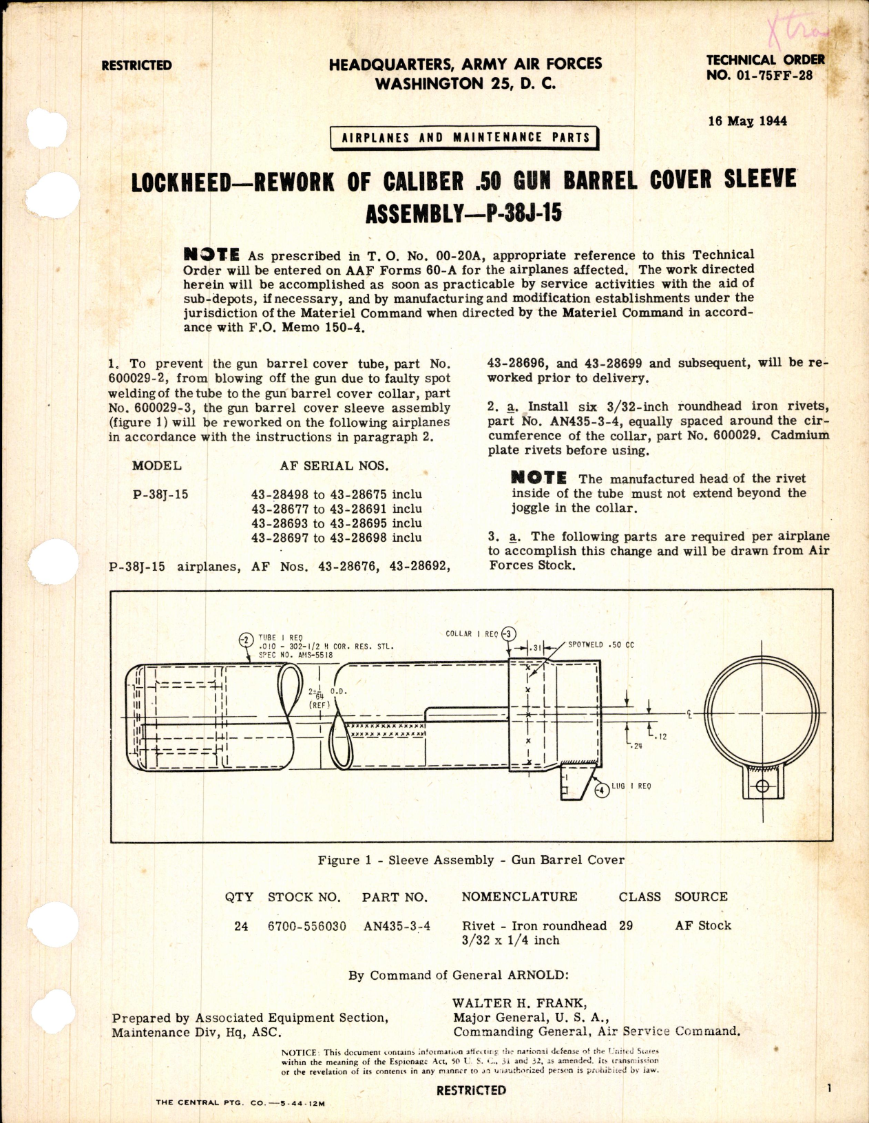 Sample page 1 from AirCorps Library document: Rework of Caliber .50 Gun Barrel Cover Sleeve Assembly for P-38J-15
