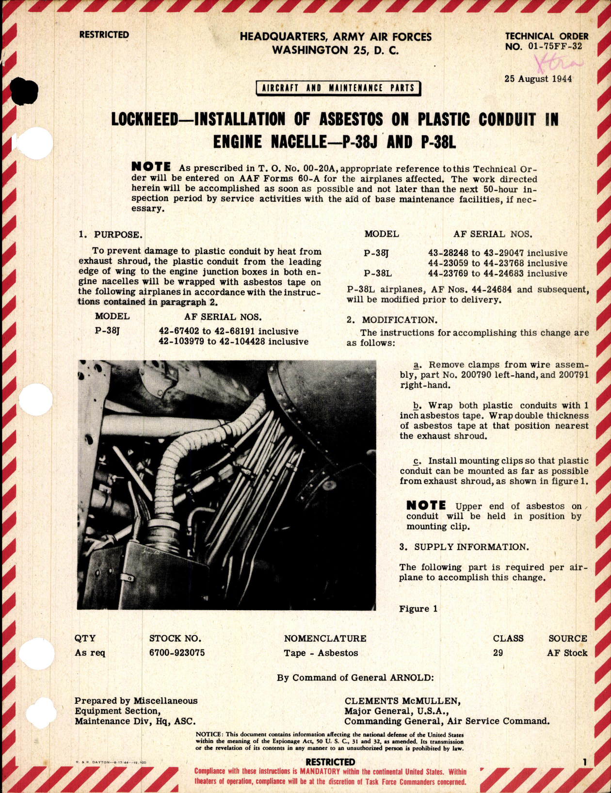 Sample page 1 from AirCorps Library document: Installation of Asbestos on Plastic Conduit in Engine Nacelle for P-38J and P-38L