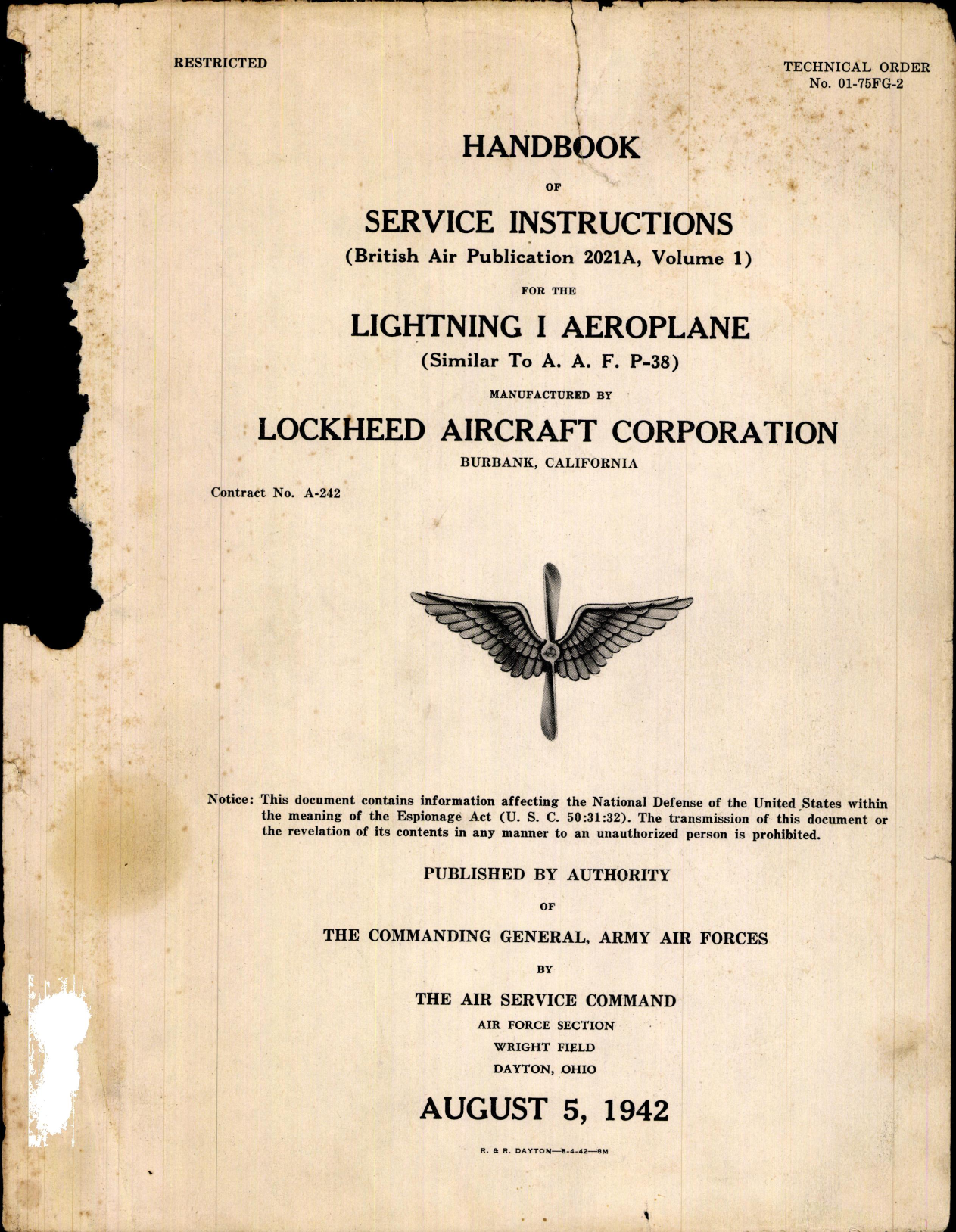Sample page 1 from AirCorps Library document: Service Instructions for the Lightning 1 Aeroplane (Similar to AAF P-38)