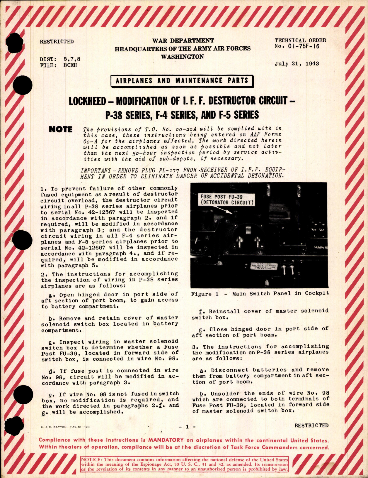 Sample page 1 from AirCorps Library document: Modification of I.F.F. Destructor Circuit for P-38, F-4, and F-5 Series