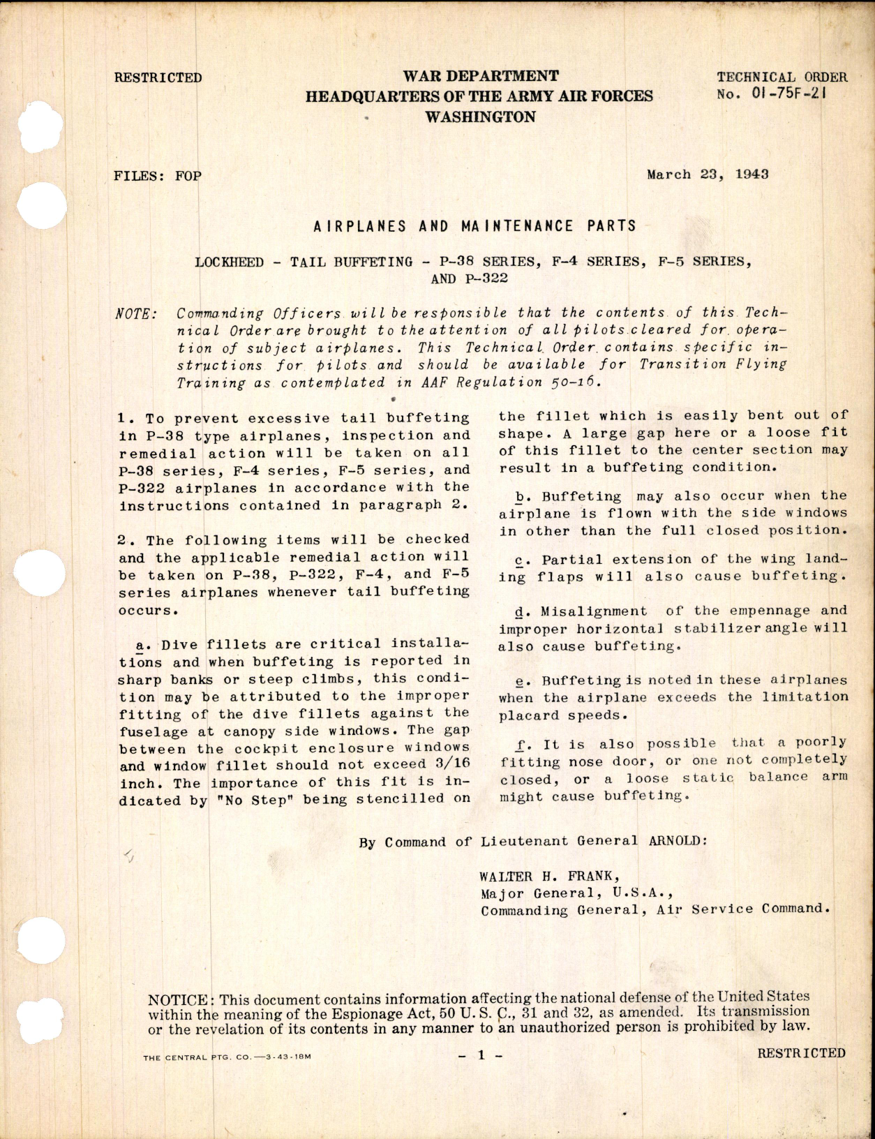 Sample page 1 from AirCorps Library document: Tail Buffeting for P-38, F-4, F-5, and P-322 Series