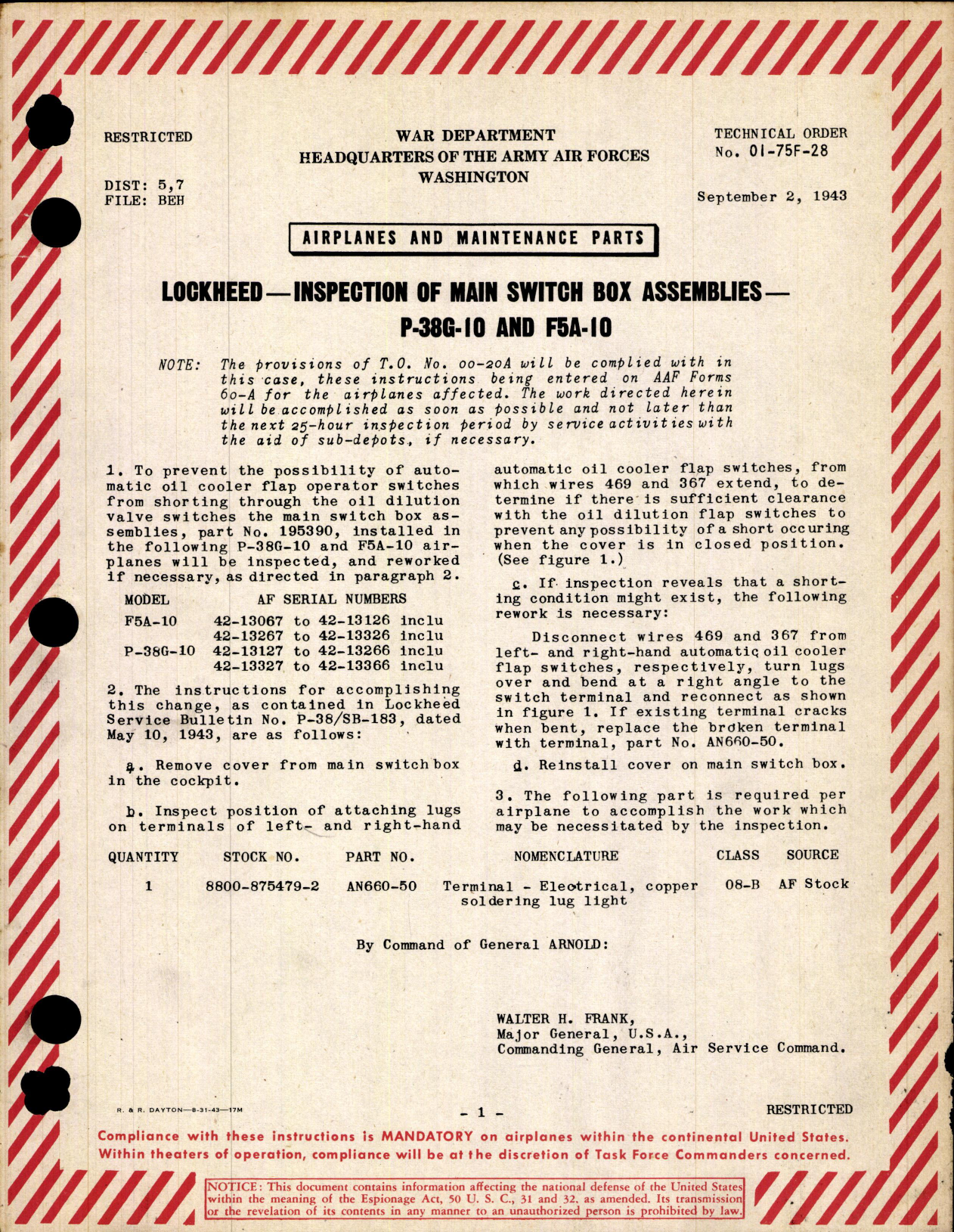 Sample page 1 from AirCorps Library document: Inspection of Main Switch Box Assemblies for P-38G-10 and F5A-10