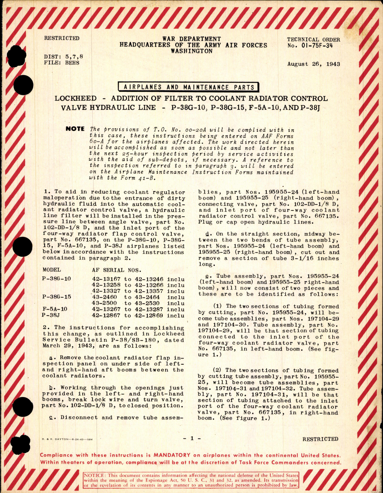Sample page 1 from AirCorps Library document: Addition of Filter to Coolant Radiator Control Valve Hydraulic Line for P-38G-10, -15, P-38J, and F-5A-10