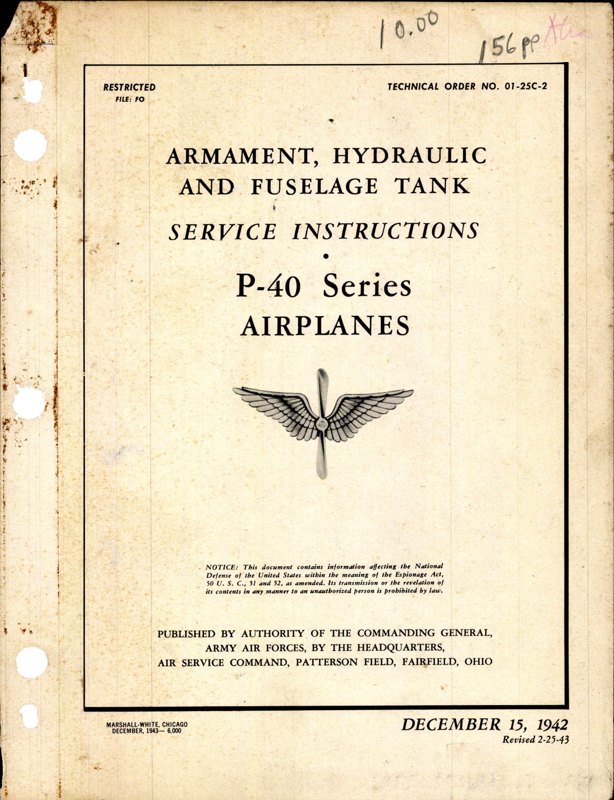 Sample page 1 from AirCorps Library document: Armament, Hydraulic & Fuselage Tank Service Instructions for P-40 Series