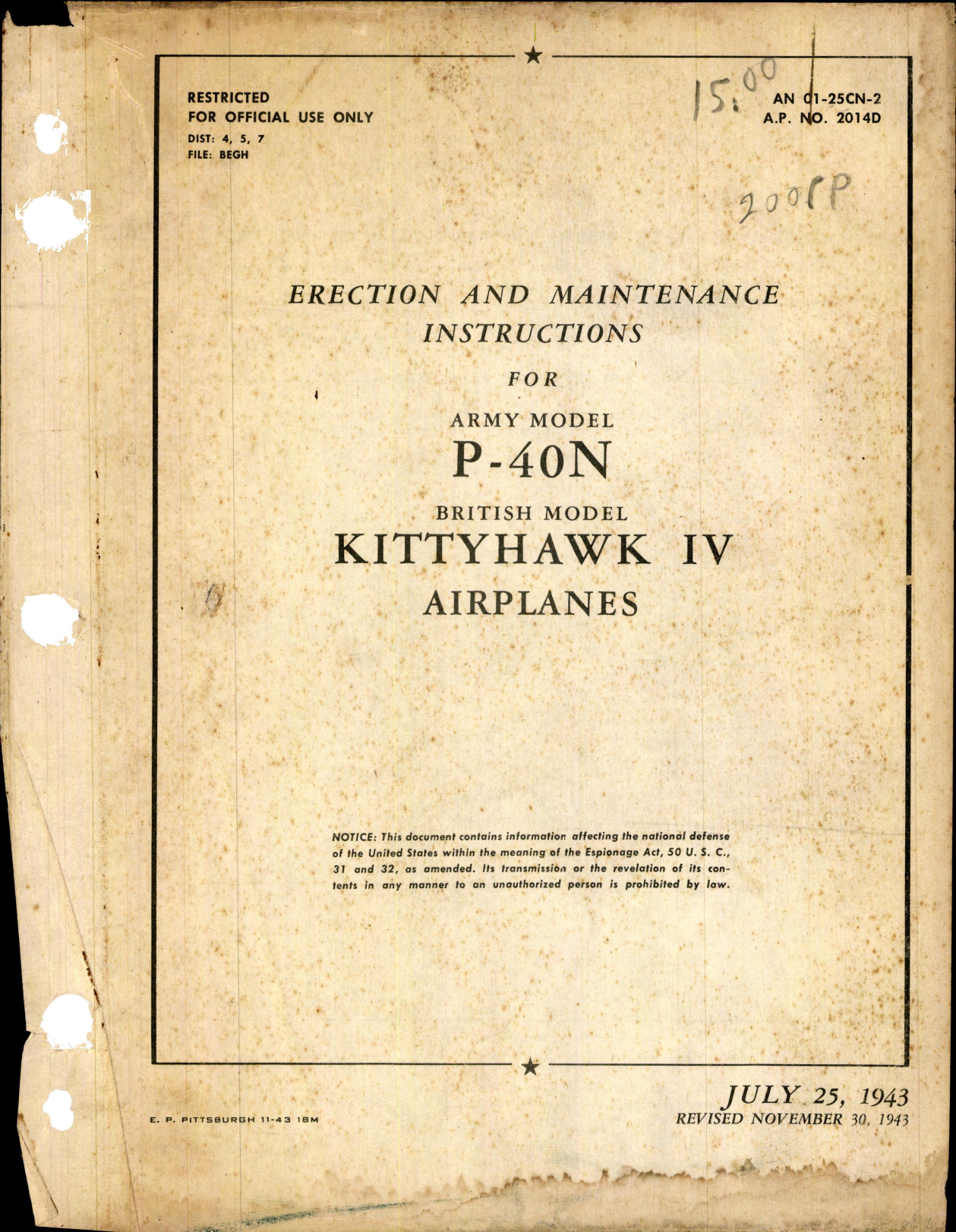 Sample page 1 from AirCorps Library document: Erection and Maintenance Instructions for P-40N and Kittyhawk IV