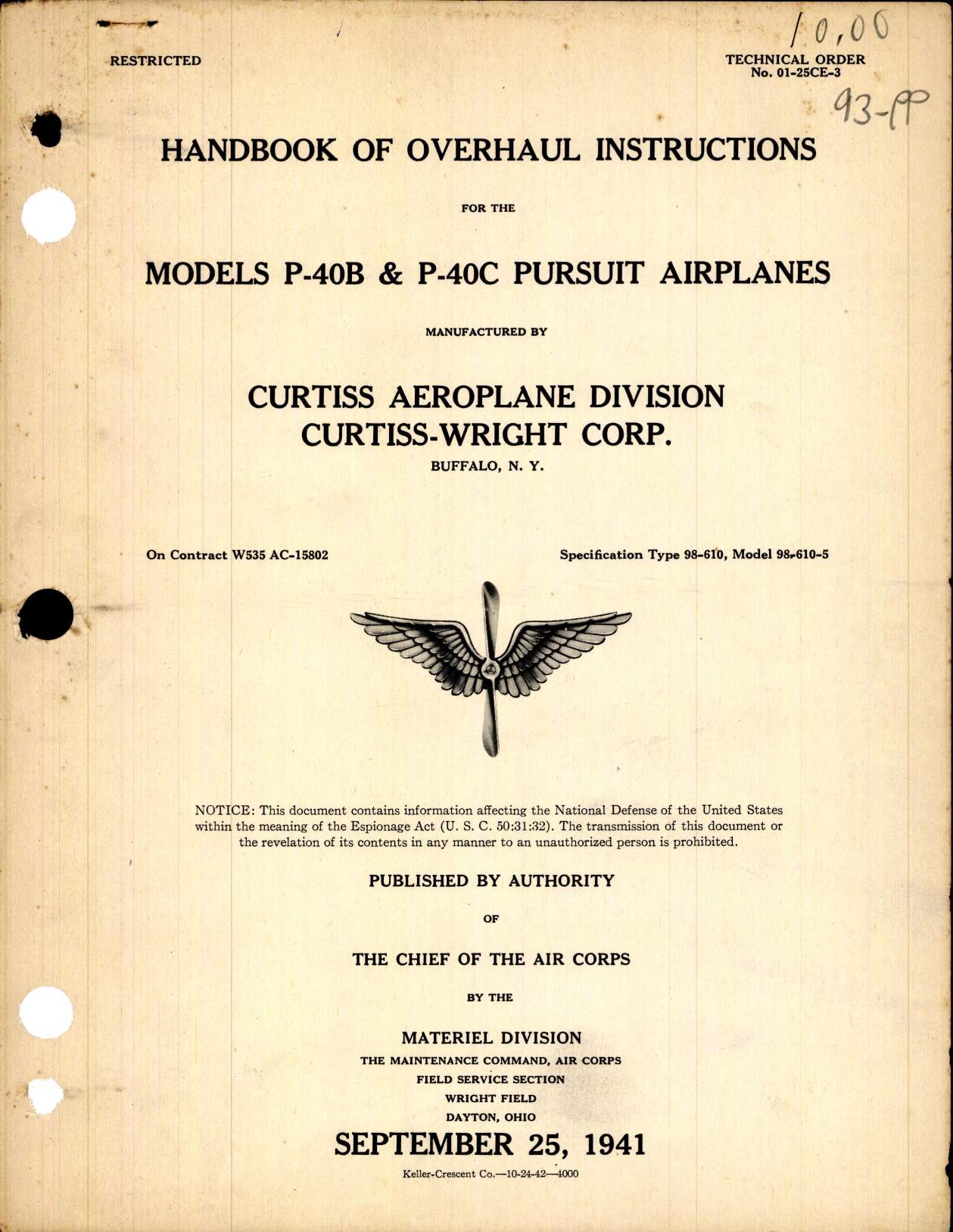 Sample page 1 from AirCorps Library document: Overhaul Instructions for P-40B and P-40C Pursuit Airplanes