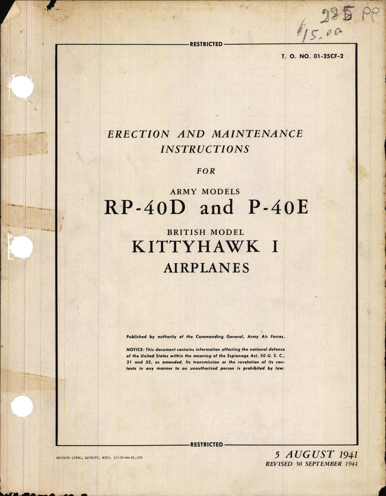 Sample page 1 from AirCorps Library document: Erection and Maintenance for RP-40D and P-40E