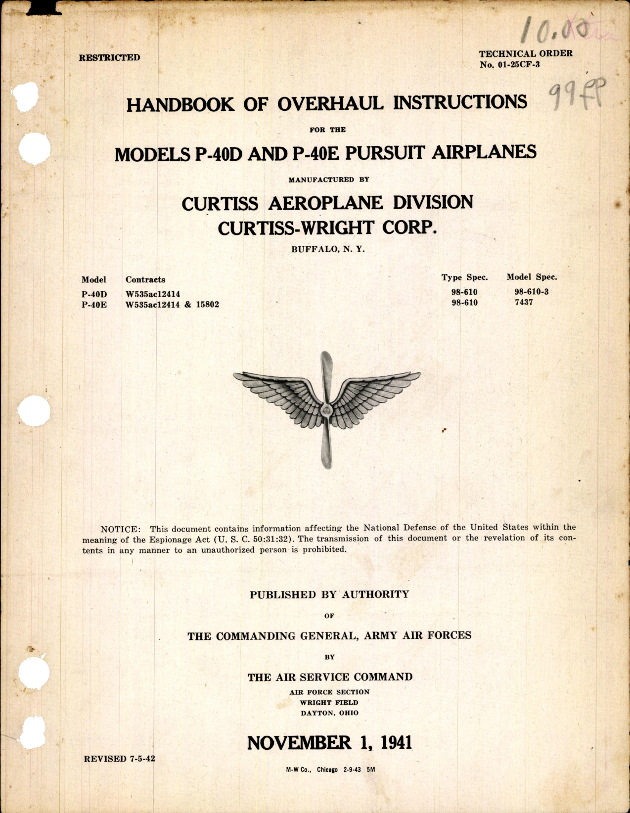 Sample page 1 from AirCorps Library document: Overhaul Instructions for P-40D and P-40E Pursuit Airplanes