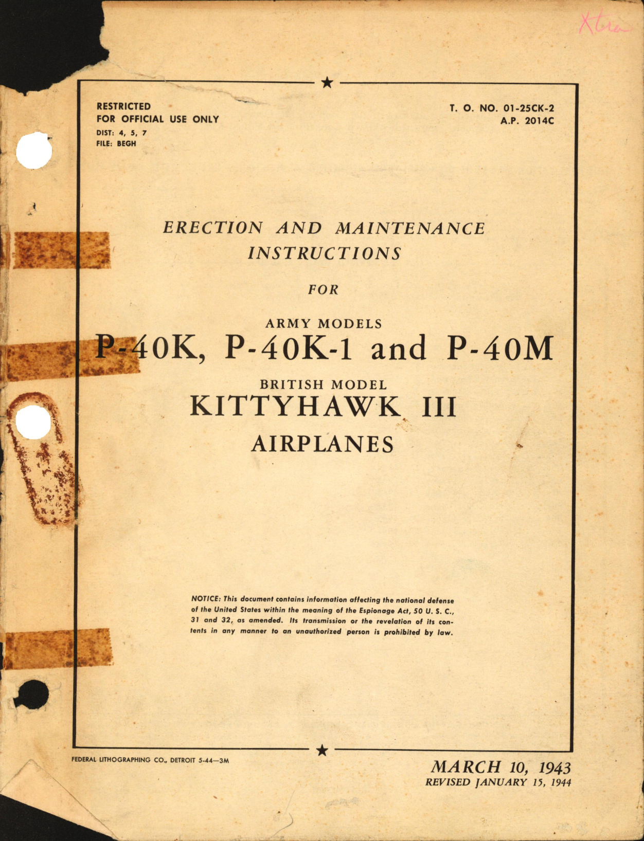 Sample page 1 from AirCorps Library document: Erection and Maintenance Instructions for P-40K, P-40K-1, and P-40M