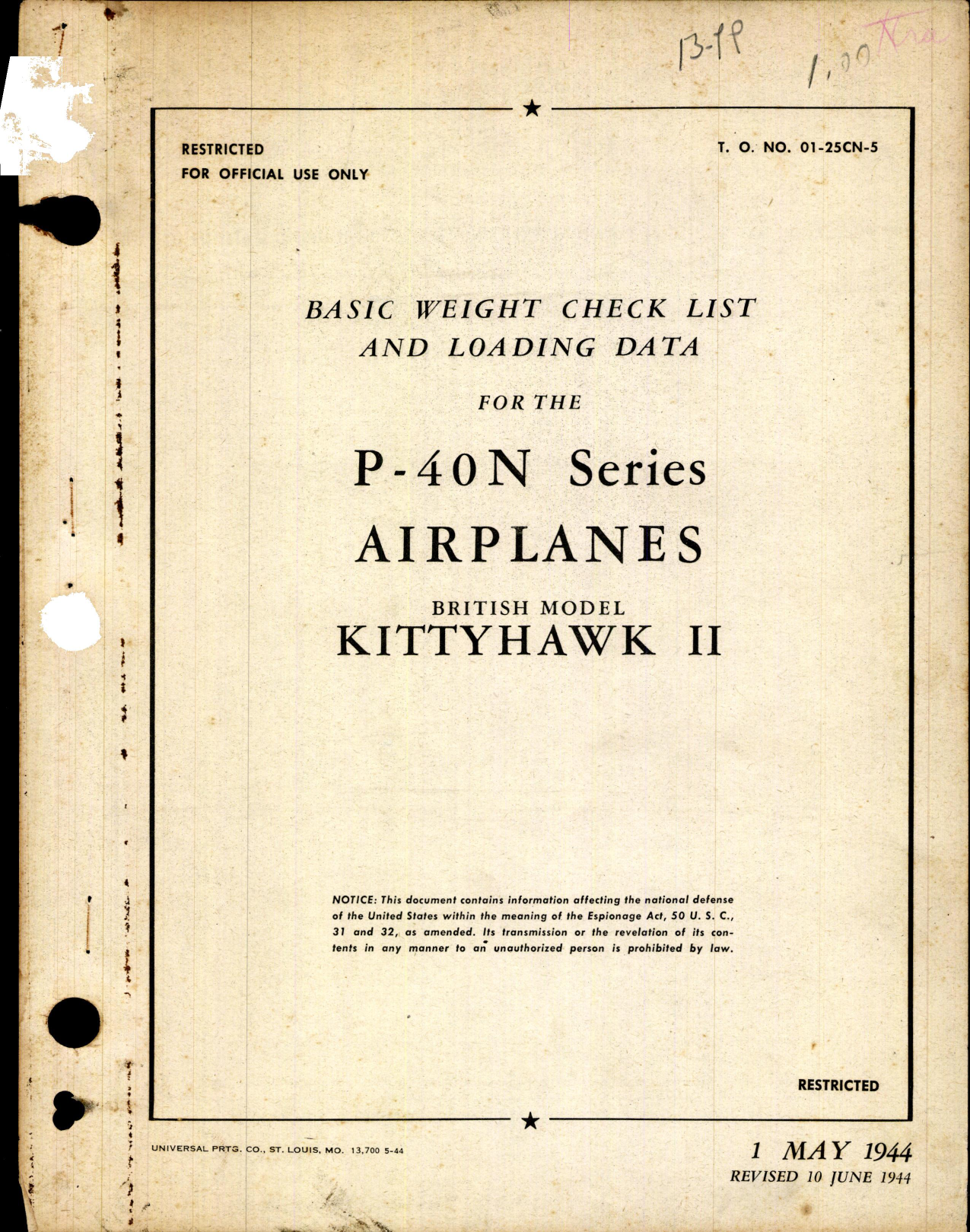 Sample page 1 from AirCorps Library document: Basic Weight Check List & Loading Data for the P-40N Series