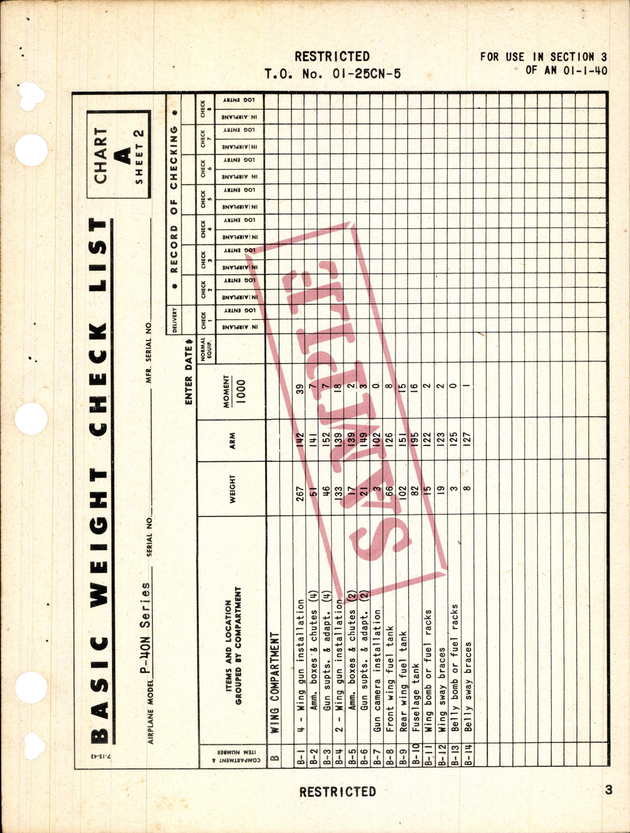 Sample page 5 from AirCorps Library document: Basic Weight Check List & Loading Data for the P-40N Series