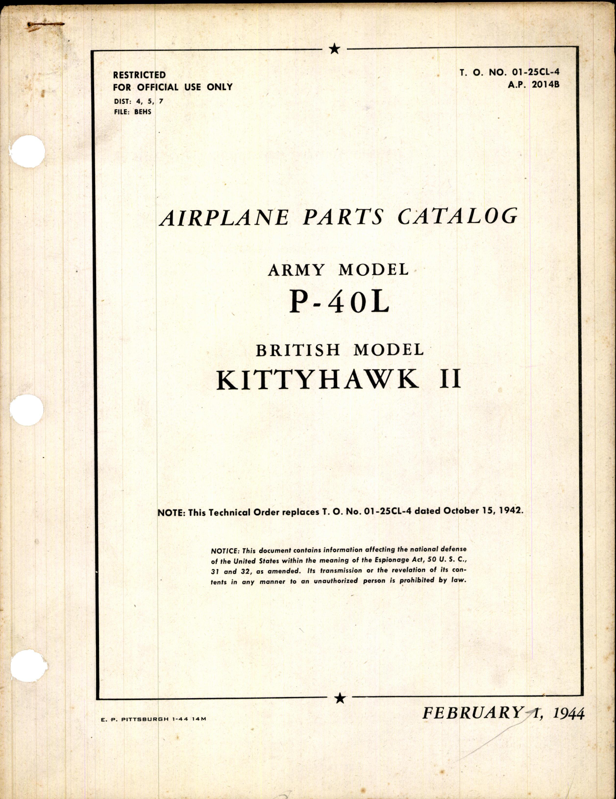 Sample page 1 from AirCorps Library document: Airplane Parts Catalog for Army Model P-40L