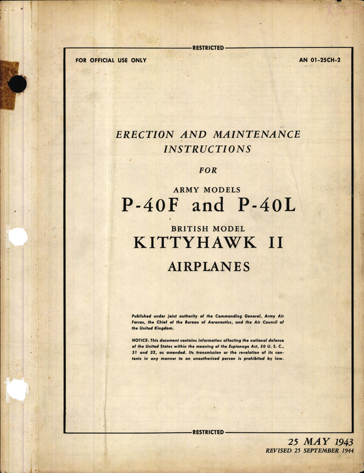 Sample page 1 from AirCorps Library document: Erection and Maintenance Inst for P-40F and P-40L