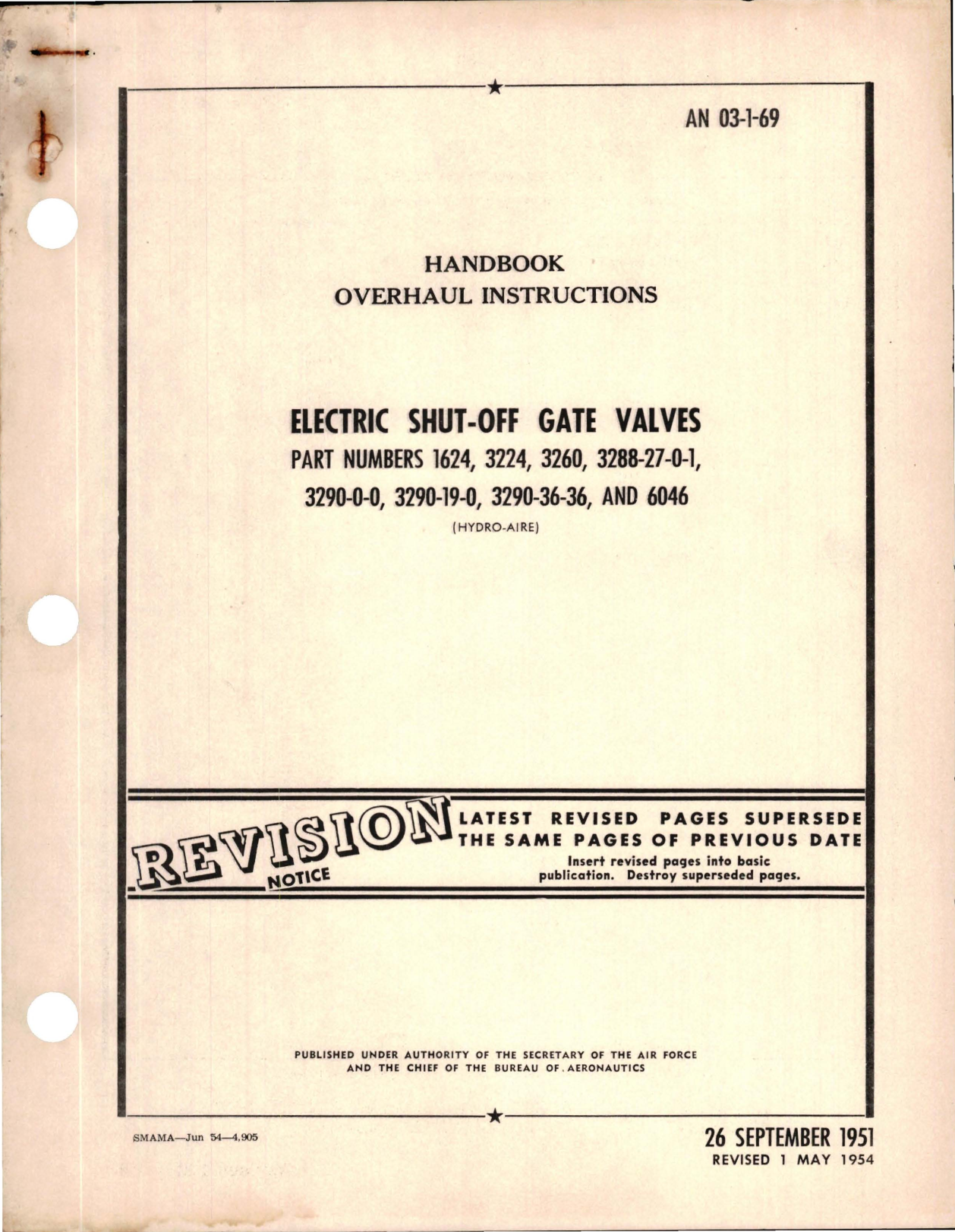 Sample page 1 from AirCorps Library document: Revision to Overhaul Instructions for Electric Shut-Off Gate Valves