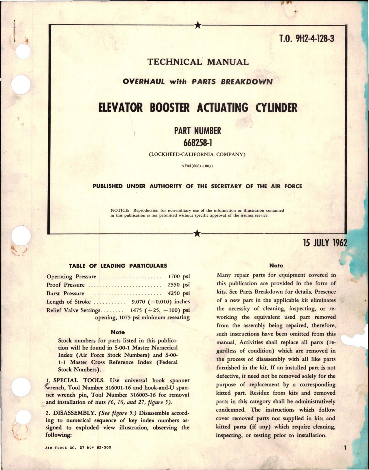 Sample page 1 from AirCorps Library document: Overhaul with Parts Breakdown for Elevator Booster Actuating Cylinder - Part 668258-1