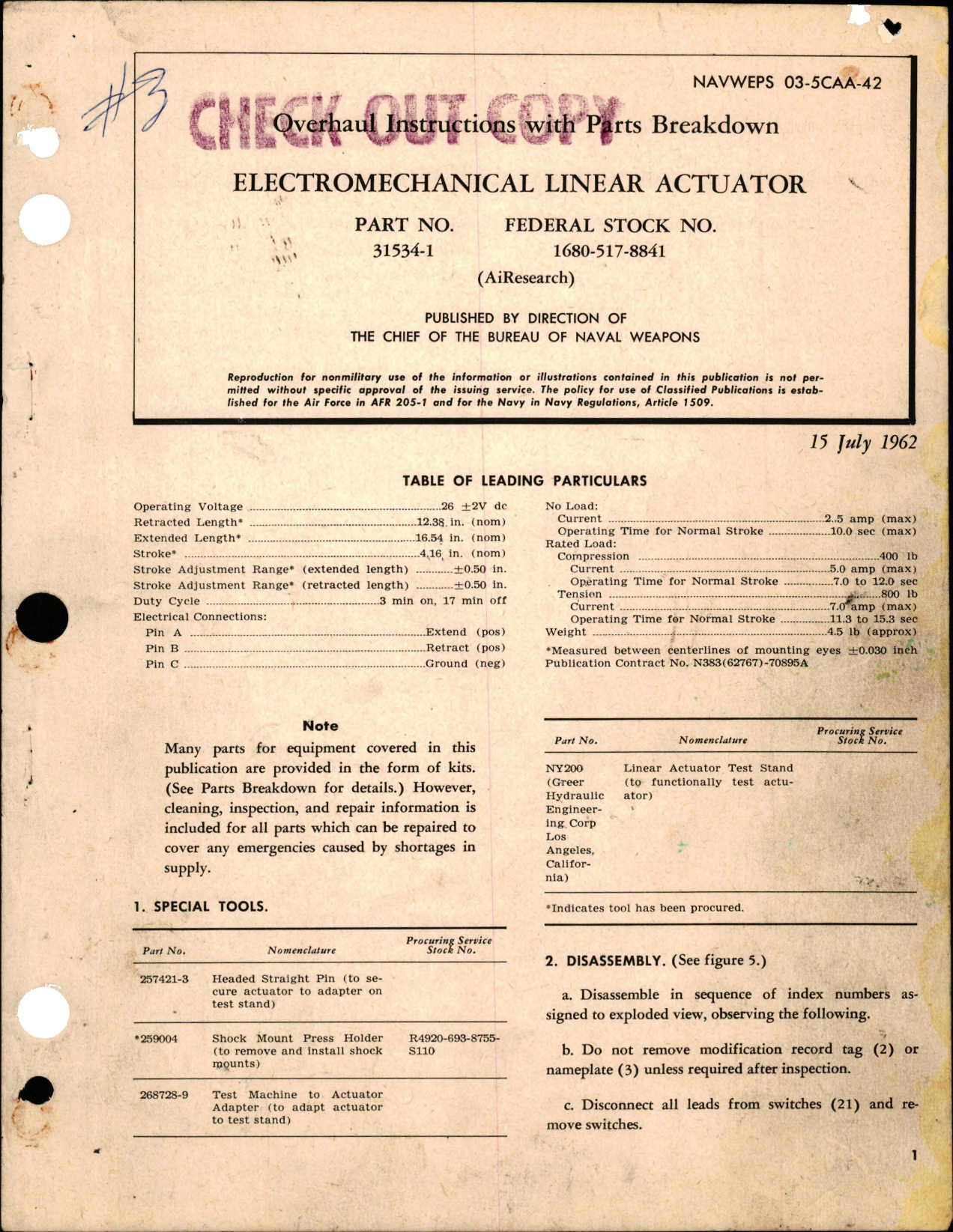 Sample page 1 from AirCorps Library document: Overhaul Instructions with Parts Breakdown for Electromechanical Linear Actuator - Part 31534-1