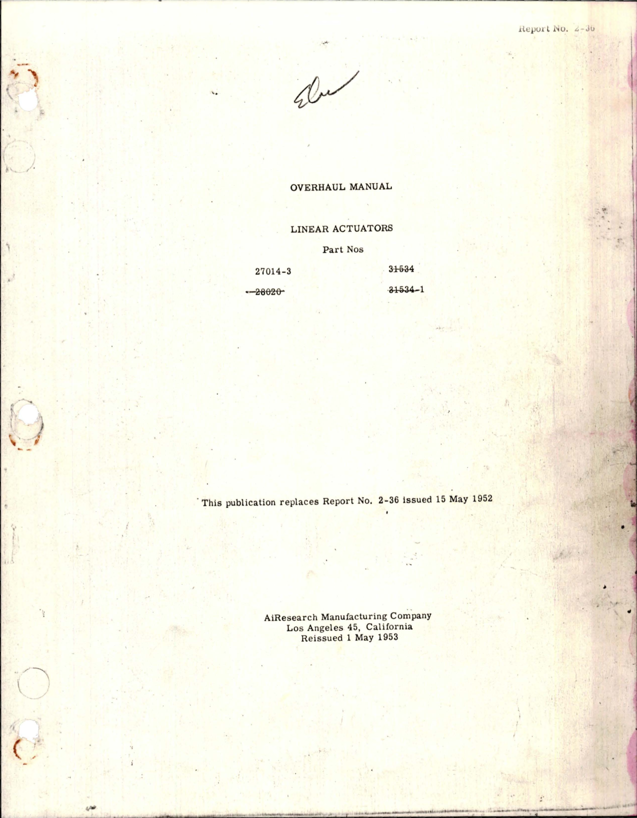 Sample page 1 from AirCorps Library document: Overhaul Manual for Linear Actuators - Parts 27014-3