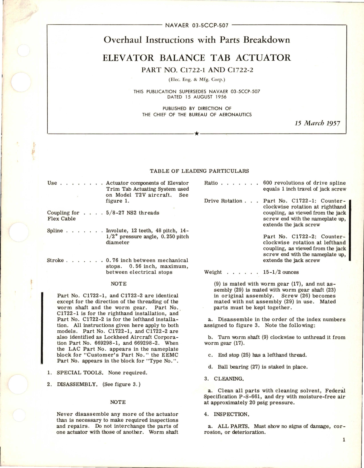 Sample page 1 from AirCorps Library document: Overhaul Instructions with Parts Breakdown for Elevator Balance Tab Actuator - Parts C1722-1 and C1722-2 