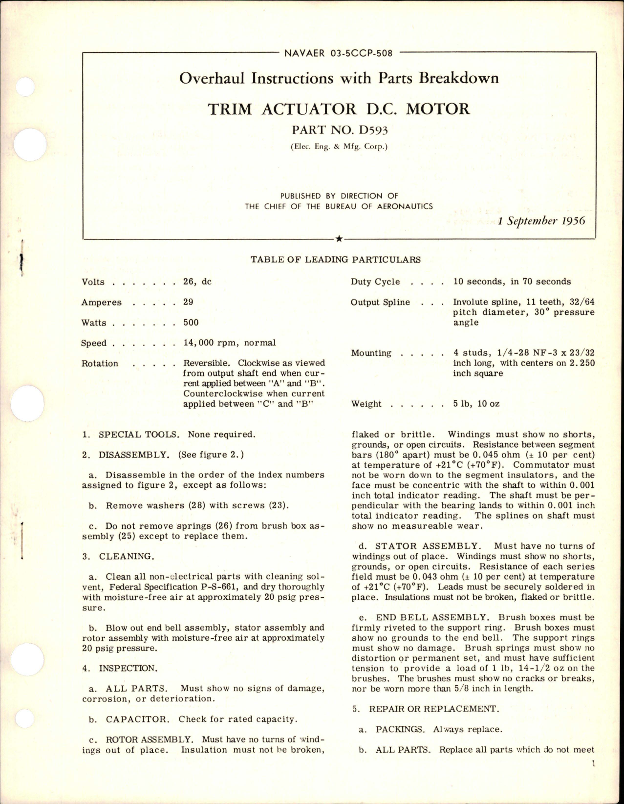 Sample page 1 from AirCorps Library document: Overhaul Instructions with Parts Breakdown for Trim Actuator DC Motor - Part D593 