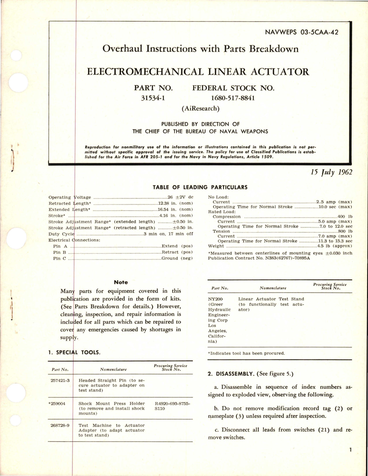 Sample page 1 from AirCorps Library document: Overhaul Instructions with Parts Breakdown for Electromechanical Linear Actuator - Part 31534-1