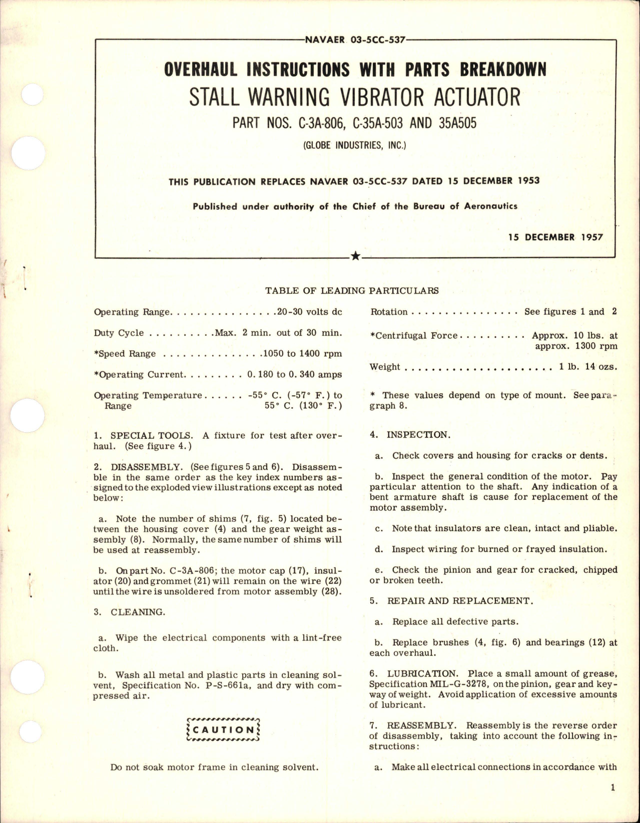 Sample page 1 from AirCorps Library document: Overhaul Instructions with Parts Breakdown for Stall Warning Vibrator Actuator - Part C-3A-806, C-35A-503, and 35A505 