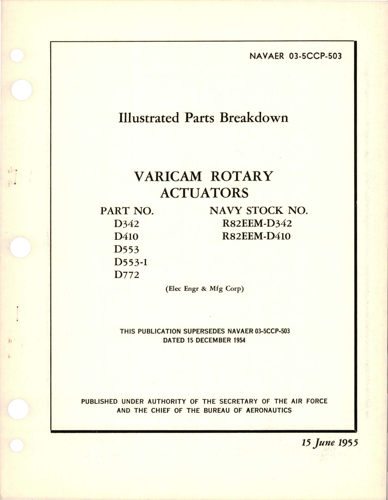 Sample page 1 from AirCorps Library document: Illustrated Parts Breakdown for Varicam Rotary Actuators - Parts D342, D410, D553, D553-1, and D772 