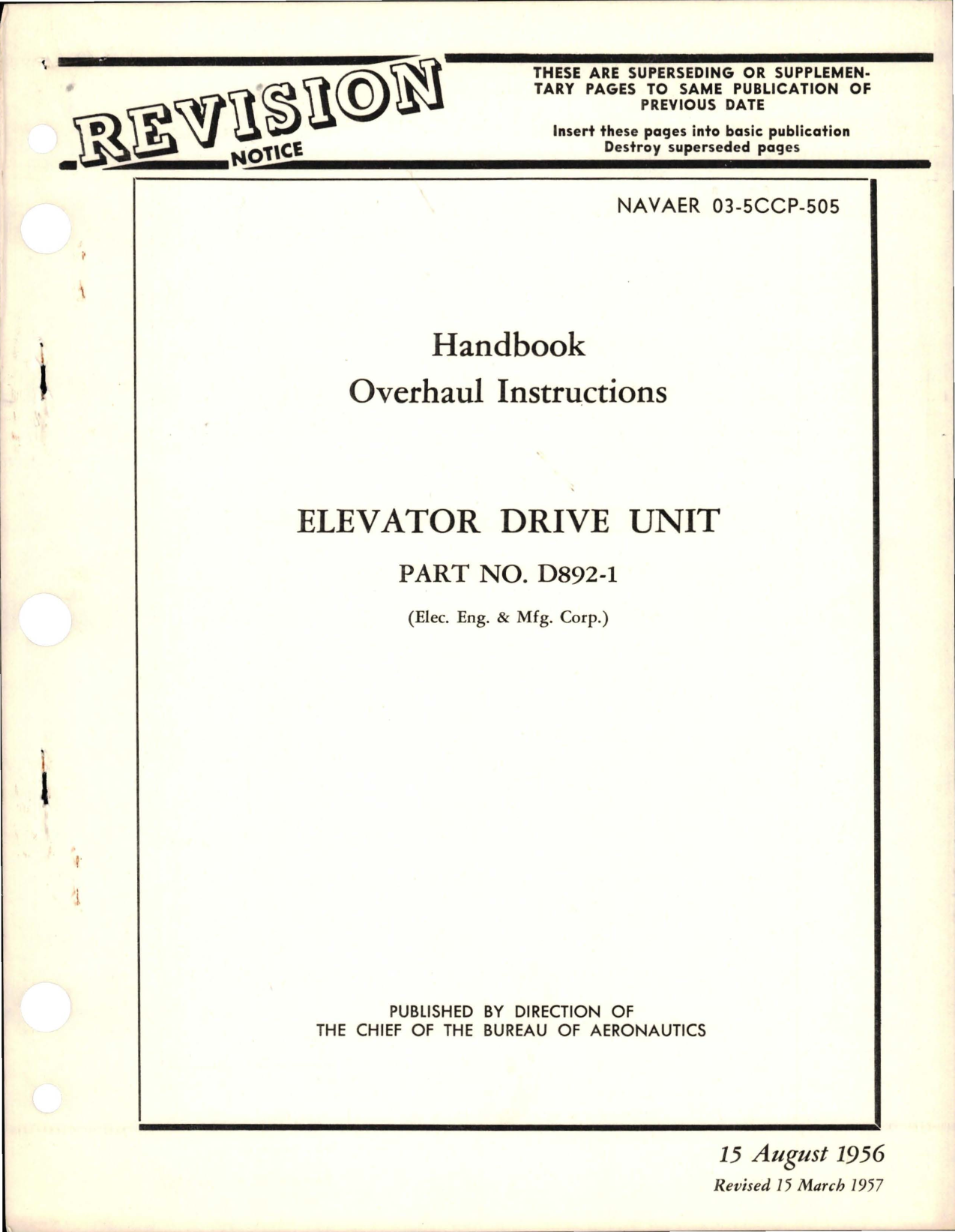 Sample page 1 from AirCorps Library document: Revision to Overhaul Instructions for Elevator Drive Unit - Part D892-1 