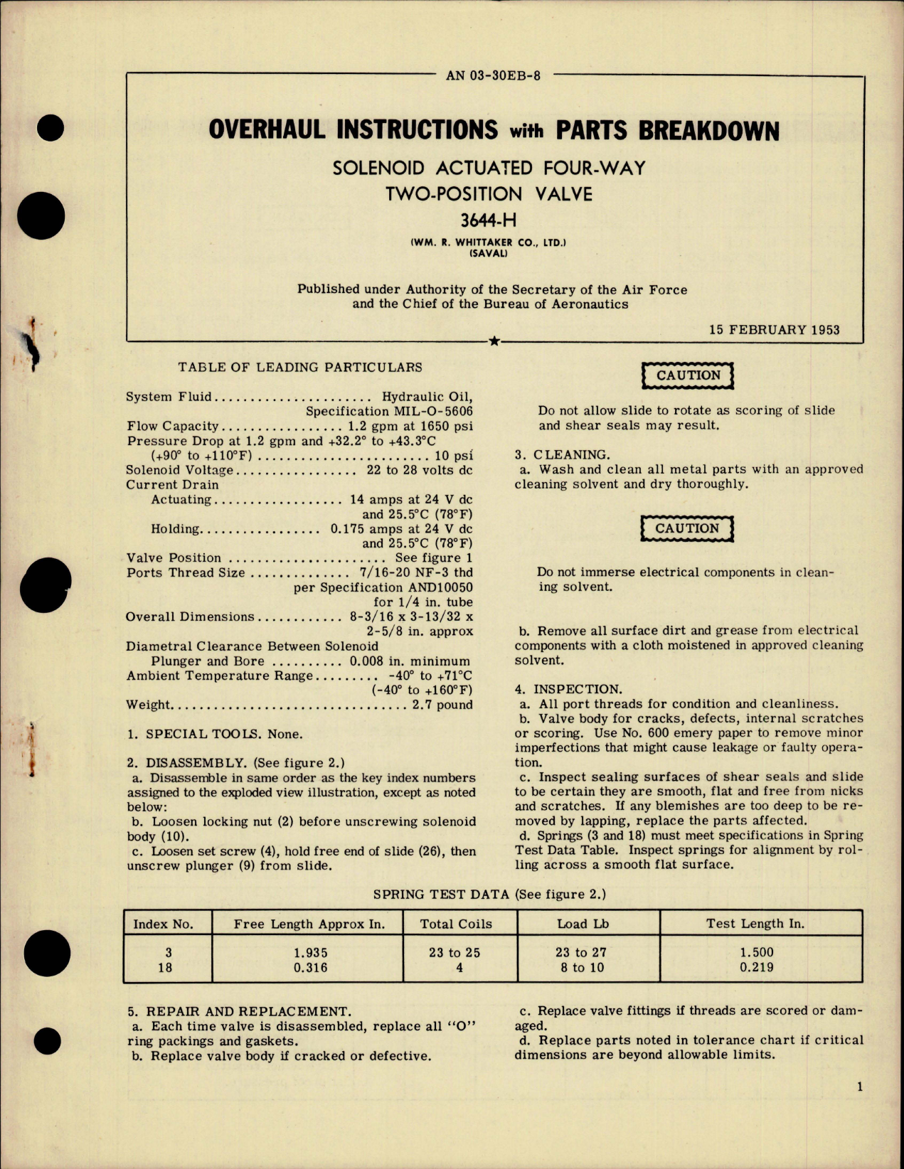 Sample page 1 from AirCorps Library document: Overhaul Instructions with Parts for Solenoid Actuated Four Way Two Position Valve - 3644-H 