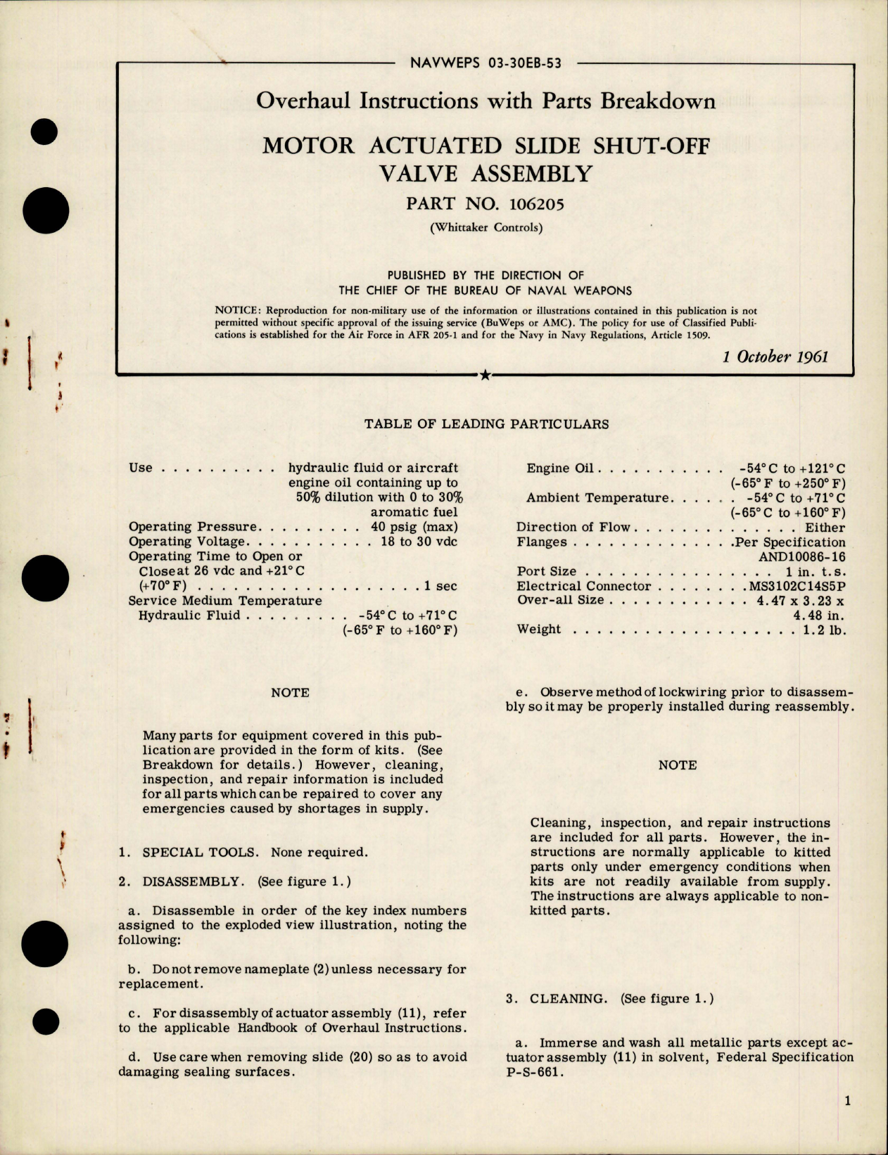 Sample page 1 from AirCorps Library document: Overhaul Instructions with Parts for Motor Actuated Slide Shut Off Valve Assembly - Part 106205