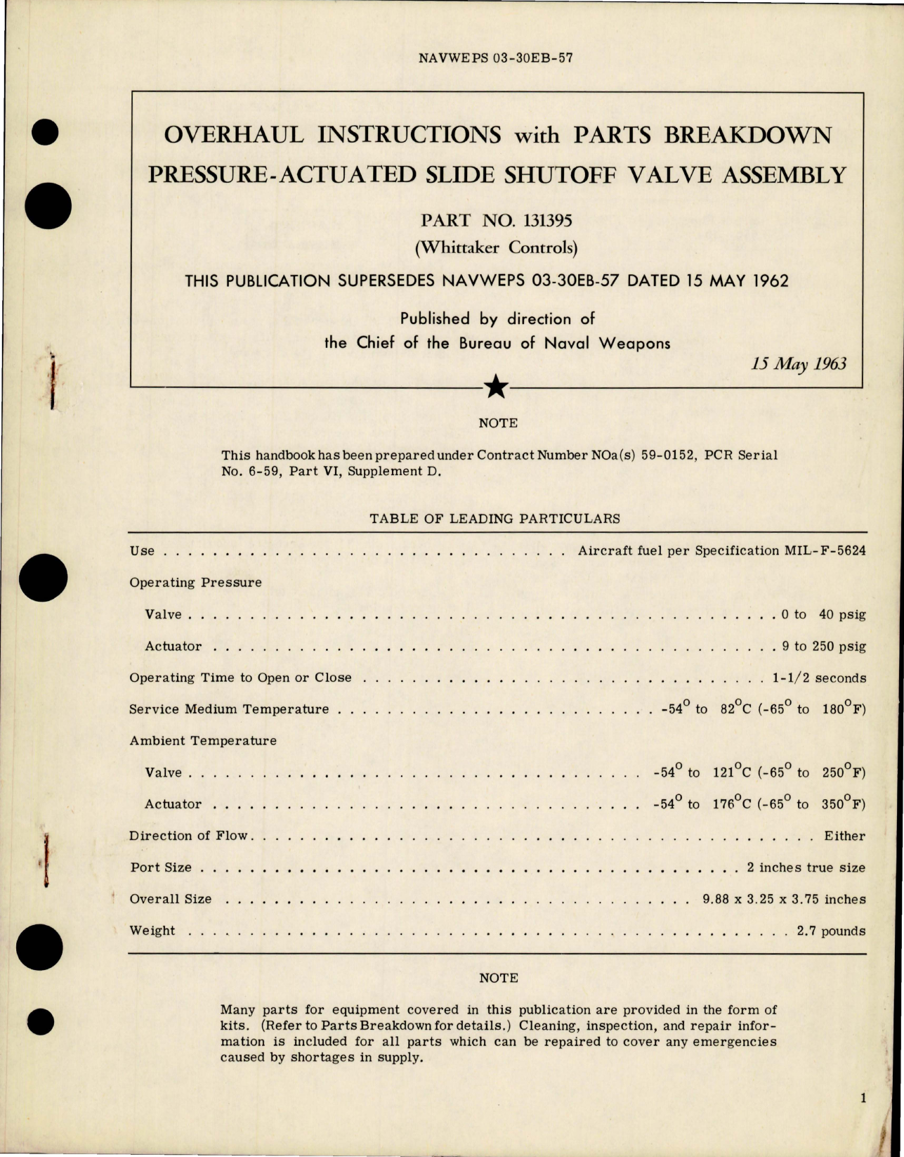 Sample page 1 from AirCorps Library document: Overhaul Instructions with Parts for Pressure Actuated Slide Shutoff Valve Assembly - Part 131395 