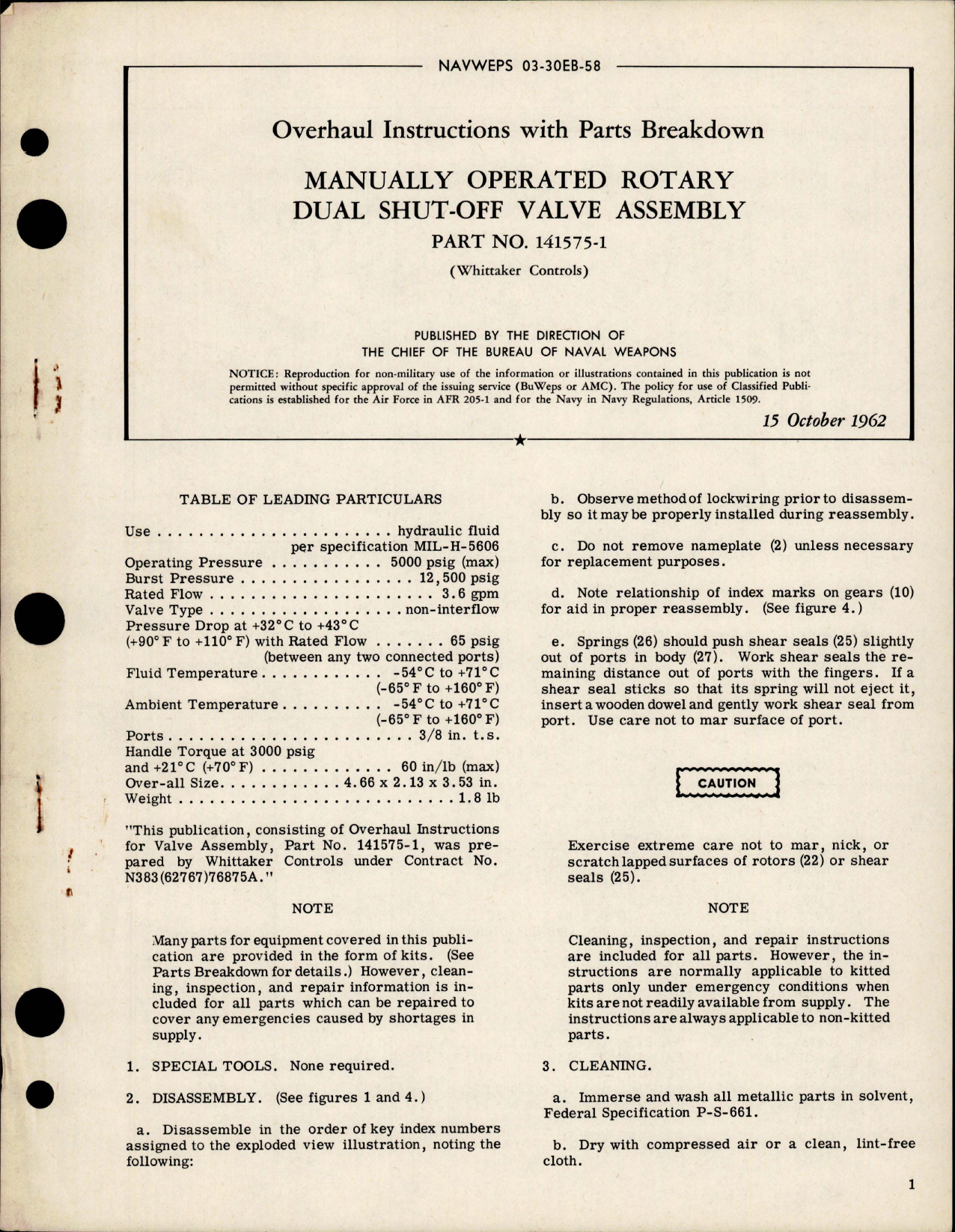 Sample page 1 from AirCorps Library document: Overhaul Instructions with Parts for Manually Operated Rotary Dual Shut Off Valve Assembly - Part 141575-1 