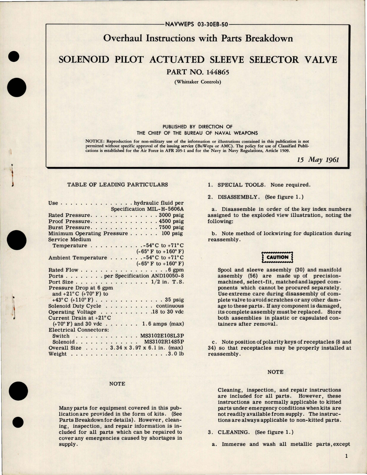 Sample page 1 from AirCorps Library document: Overhaul Instructions with Parts for Solenoid Pilot Actuated Sleeve Selector Valve - Part 144865 