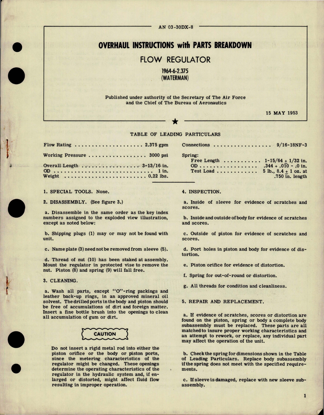 Sample page 1 from AirCorps Library document: Overhaul Instructions with Parts Breakdown for Flow Regulator - 1964-6-2.375 