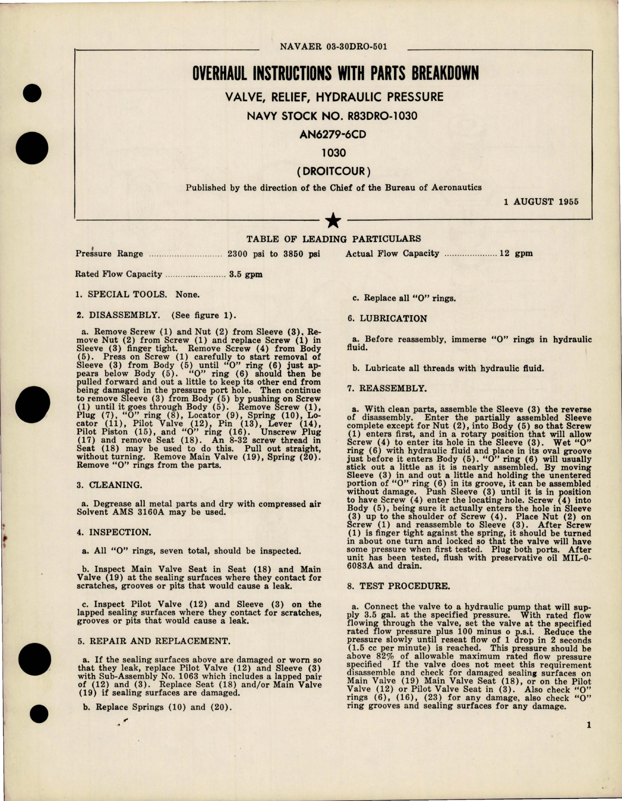 Sample page 1 from AirCorps Library document: Overhaul Instructions with Parts Breakdown for Hydraulic Relief Pressure Valve - AN6279-6CD 1030