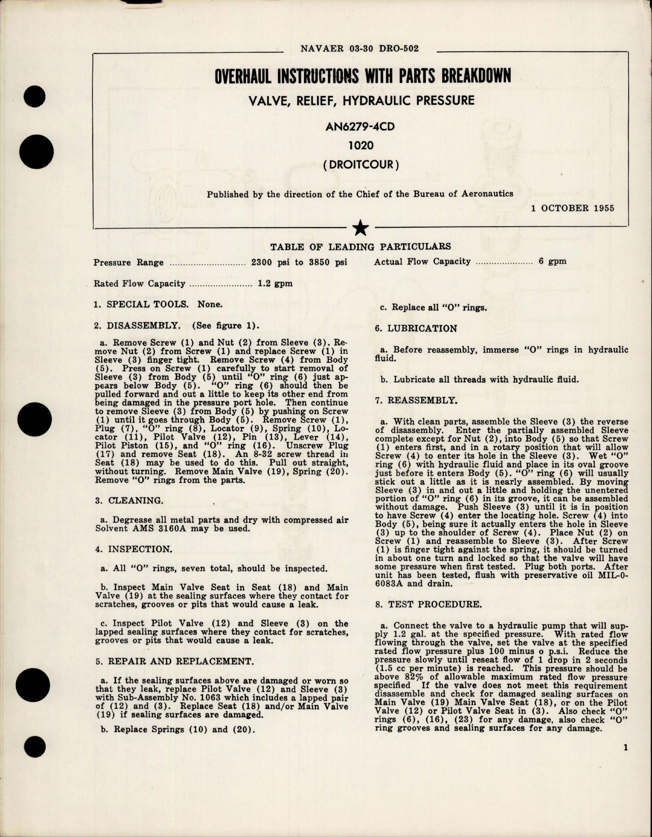 Sample page 1 from AirCorps Library document: Overhaul Instructions with Parts Breakdown for Hydraulic Pressure Relief Valve - AN6279-4CD 1020