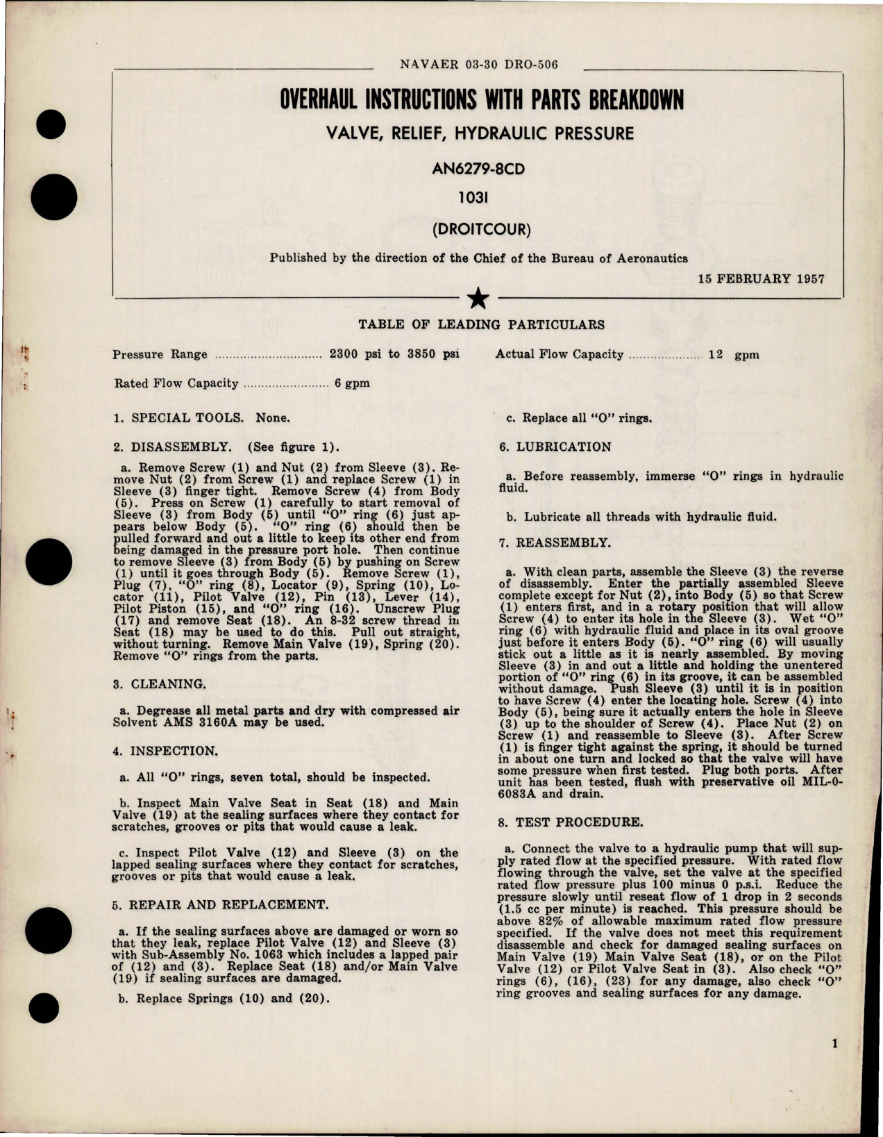 Sample page 1 from AirCorps Library document: Overhaul Instructions with Parts Breakdown for Hydraulic Pressure Relief Valve - AN6279-8CD 1031 