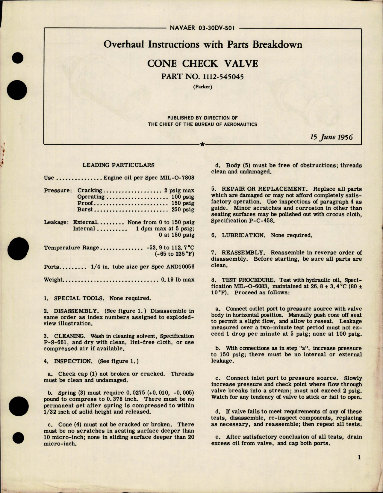 Sample page 1 from AirCorps Library document: Overhaul Instructions with Parts Breakdown for Cone Check Valve - Part 1112-545045 