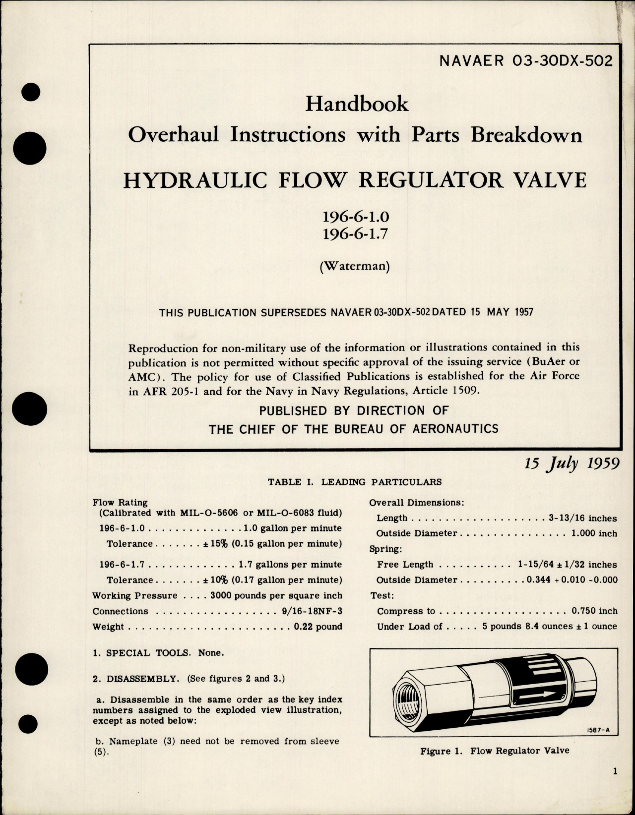 Sample page 1 from AirCorps Library document: Overhaul Instructions with Parts Breakdown for Hydraulic Flow Regulator Valve - 196-6-1.0 and 196-6-1.7 