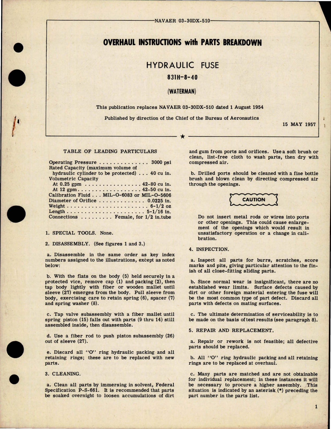 Sample page 1 from AirCorps Library document: Overhaul Instructions with Parts Breakdown for Hydraulic Fuse - 831H-8-40 