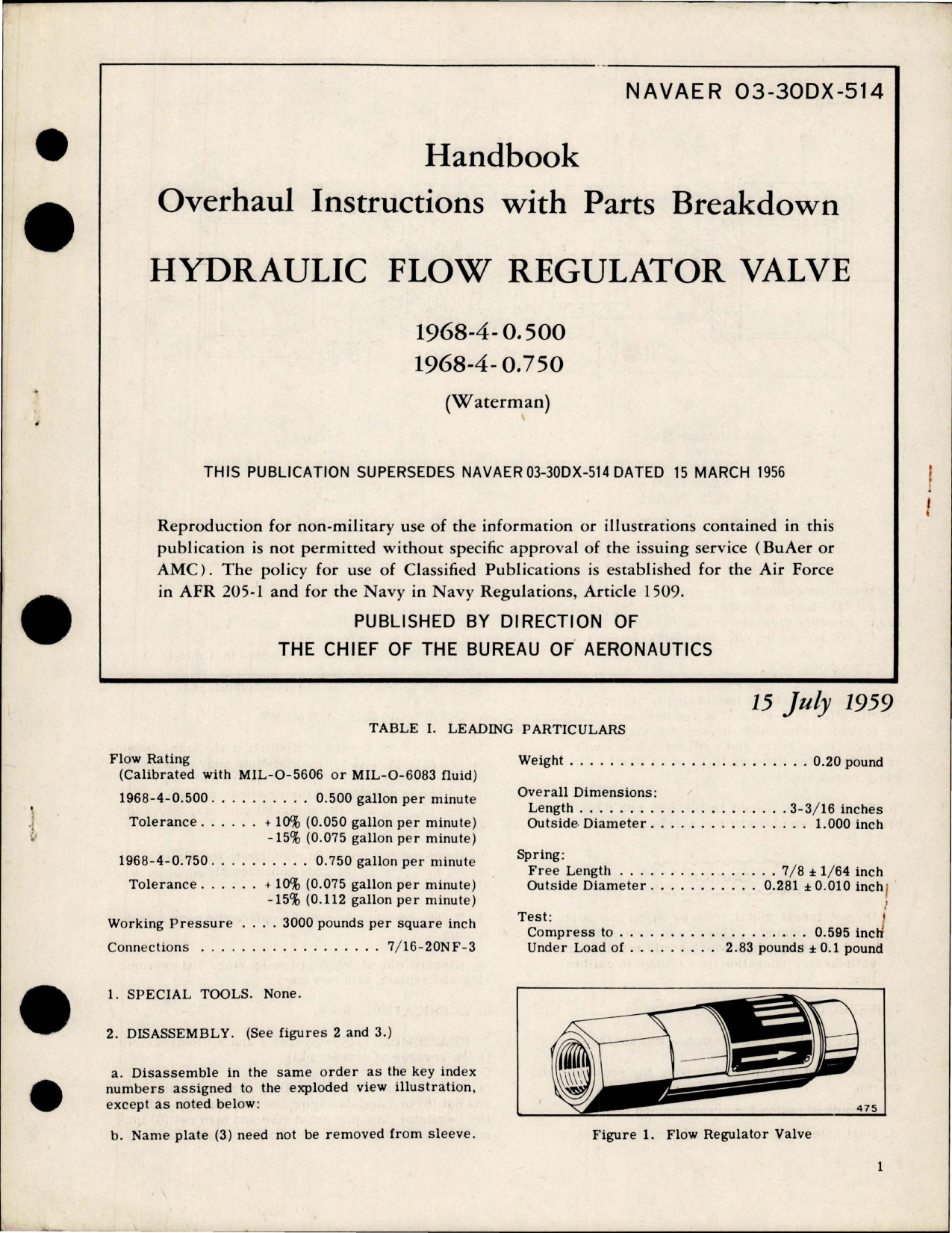 Sample page 1 from AirCorps Library document: Overhaul Instructions with Parts Breakdown for Hydraulic Flow Regulator Valve - 1968-4-0.500 and 1968-4-0.750 