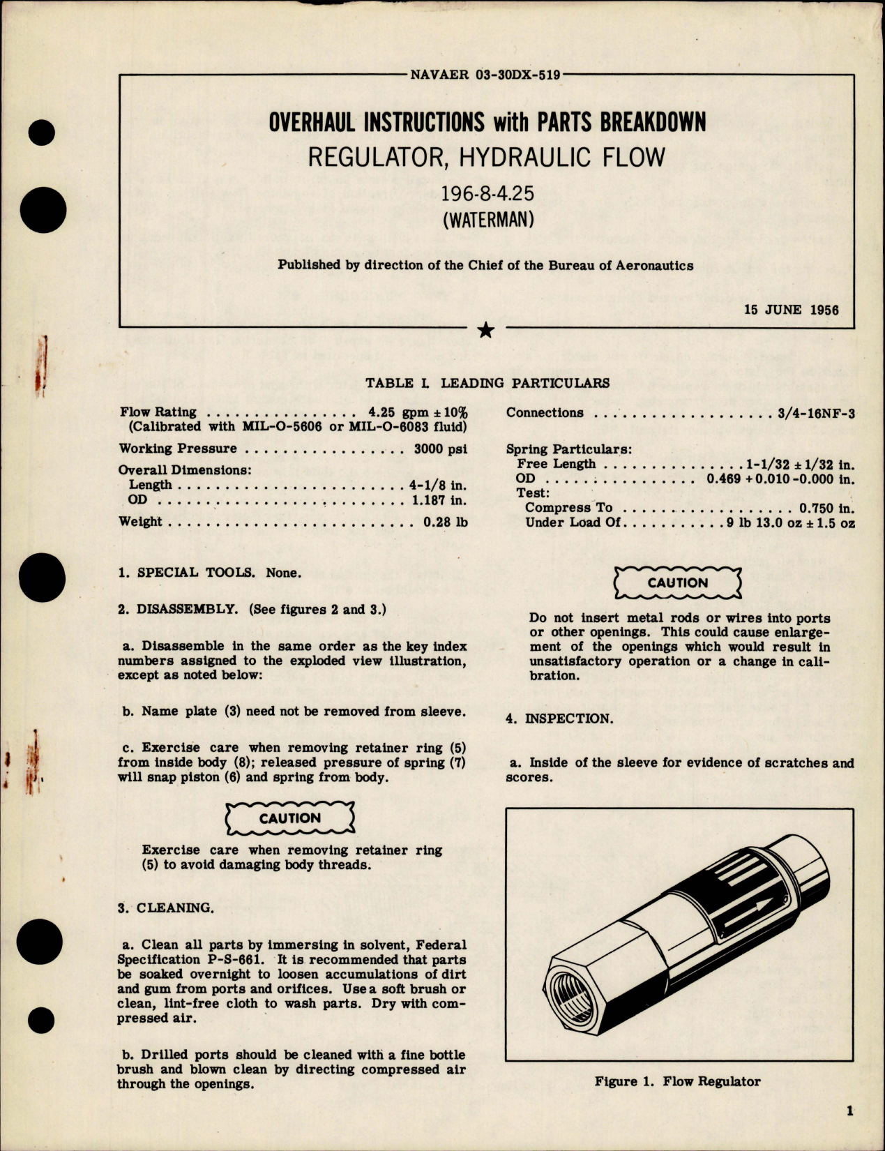 Sample page 1 from AirCorps Library document: Overhaul Instructions with Parts Breakdown for Hydraulic Flow Regulator - Part 196-8-4.25