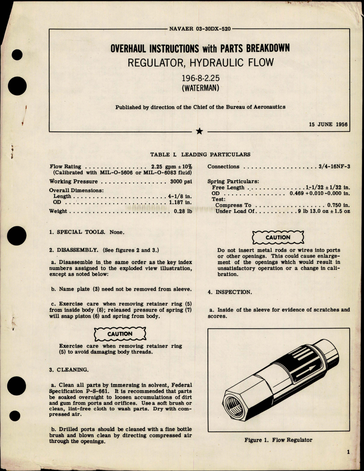 Sample page 1 from AirCorps Library document: Overhaul Instructions with Parts Breakdown for Hydraulic Flow Regulator - 196-8-2.25 